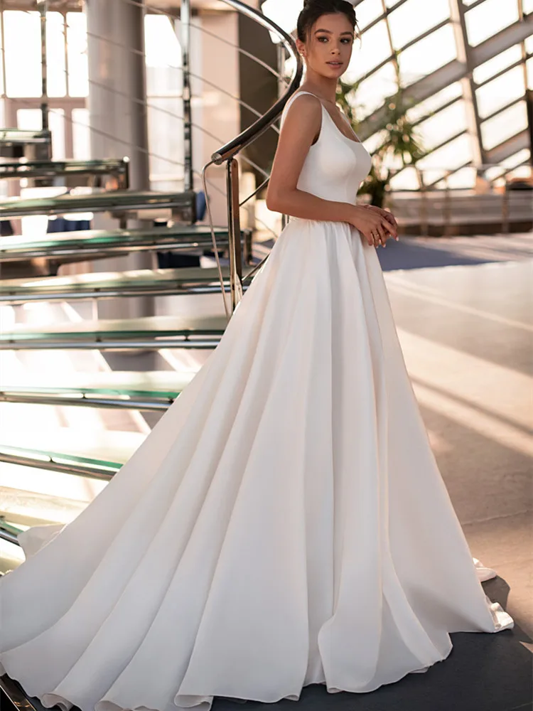 long sleeve wedding dresses Ball Gown Princess Wedding Dresses 2021 For Women Sleeveless Backless Boat Neck Satin White Dresses Robe De Soirée De Mariage beach wedding dresses