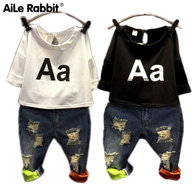 

AiLe Rabbit BOYS GIRLS Clothing Set Kids Autumn Fashion T Shirt Jeans Holes Denim Sets A Letter Summer Europe K1