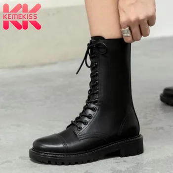 

KemeKiss Real Leather Women Mid Calf Boots Cross Strap Zipper Shoes Round Toe Winter Warm Boots Women Party Footwear Size 35-39