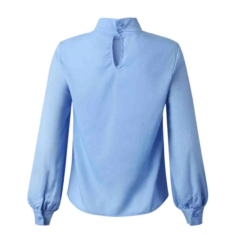 Женская модная повседневная однотонная блузка со складками с длинными рукавами, водолазка, блузка, рубашка, женская синяя белая блузка, летние рубашки