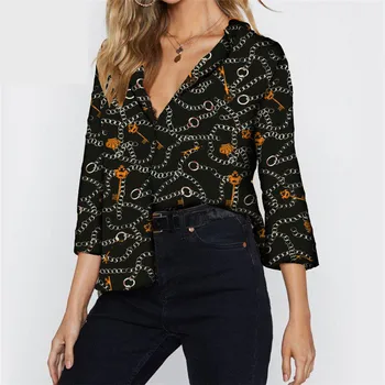 

2020 New Spring Fashion Print Women Chiffon Blouses Long Sleeve V Neck Elegant Office Shirt Plus Size Casual Tops Blouse Shirts