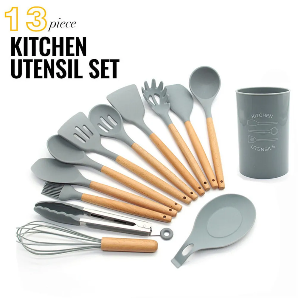 

13-PCS Premium Silicone Kitchen Utensil Set Wooden Handles with Holder Non-Stick Kitchenware for Kitchen Cooking Utensils Tools