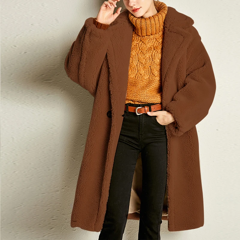 Длинное плюшевое пальто для женщин свободного размера плюс, толстое пальто из искусственного меха, однотонная теплая овечья шерсть, куртка более размера, женское плюшевое пальто, новое пальто