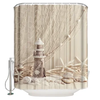 

Marine Starfish Lighthouse Beige Shower Curtain Bathroom Curtain Polyester Fabric Bath Curtain Washable Home Bath Decor