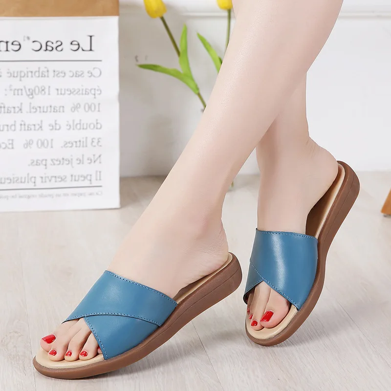 Summer Slippers Women Genuine Leather Cow Leather Shoes Woman Flats Slides High Quality Fashion Slippers Ladies Plus Size Shoes
