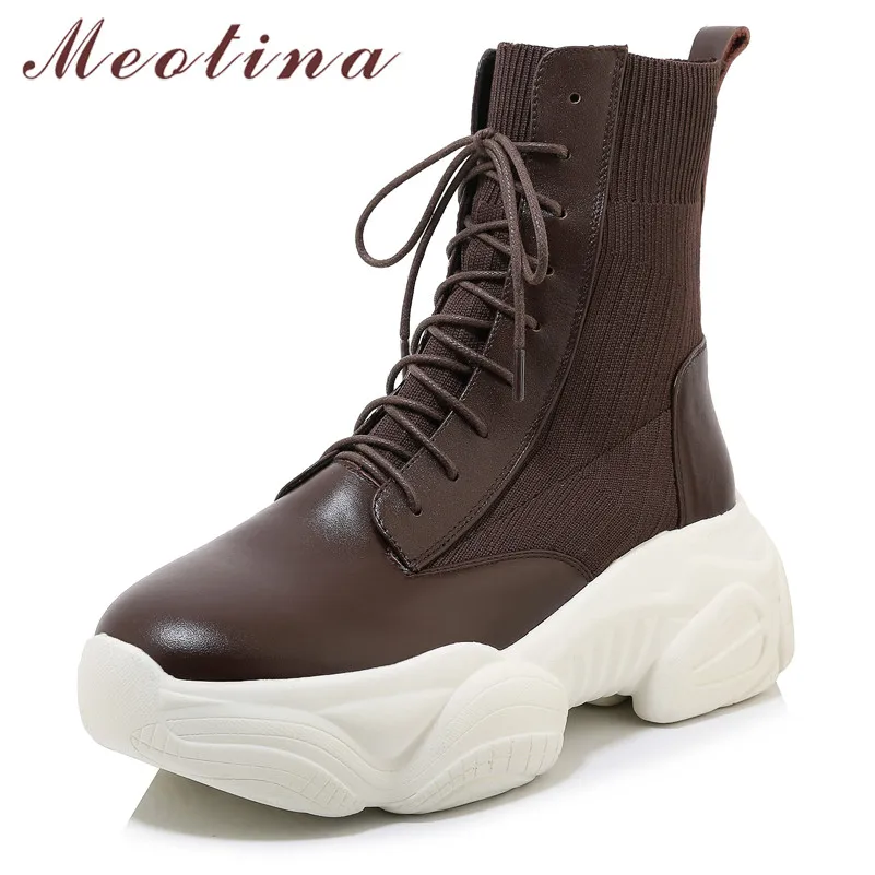

Meotina Winter Ankle Boots Women Natural Genuine Leather Flat Platform Short Boots Lace Up Round Toe Shoes Lady Fall Size 34-39