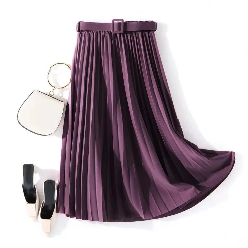 High Waist Pleated Skirt Women Solid Color Vintage Chiffon Spring Summer Elastic Fashion Skirts | Женская одежда