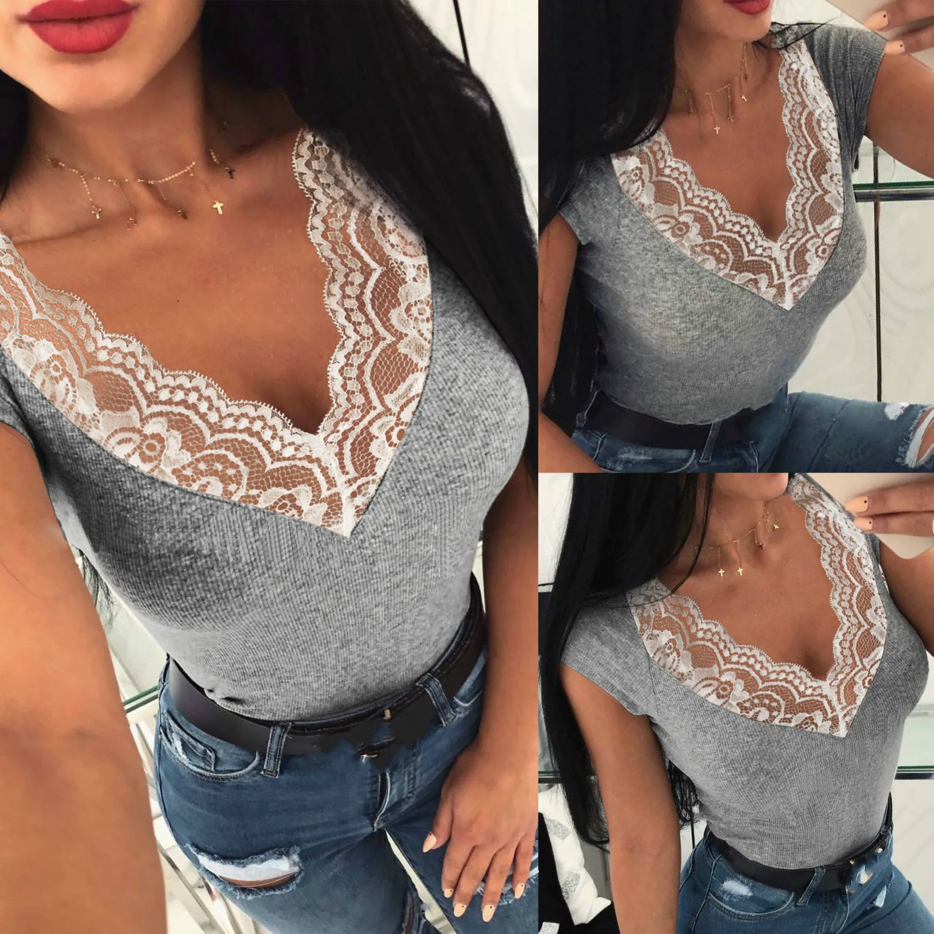 

2019 Womens Tops and Blouse Sexy Deep V Necek Mesh Lace Short Sleeve Women Shirts Blouse