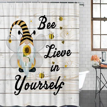 

Bee Gnome Sunflower Daisy Wooden Board Bathroom Shower Curtain Modern Household Shower Curtain