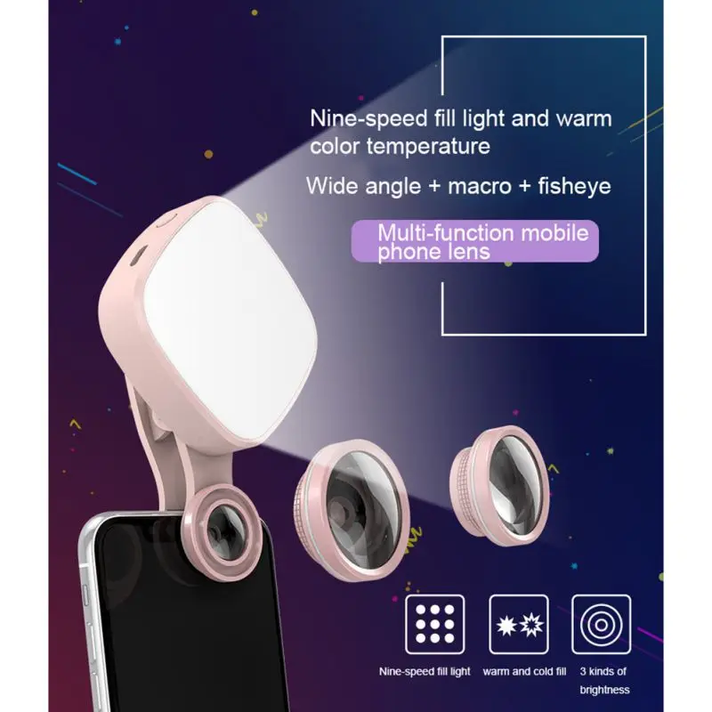 2 in 1 Smart Phone Fish-Eye Wide-Angle Macro Lens Selfie Light Adjustable Brightness Fill Warm Cold Phone Camera LED Light