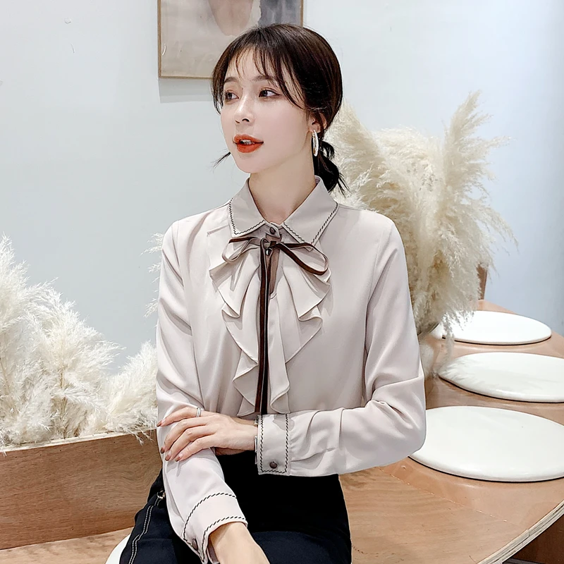 Корейские женские шифоновые блузки рубашки женская блузка с рюшами OL рубашка