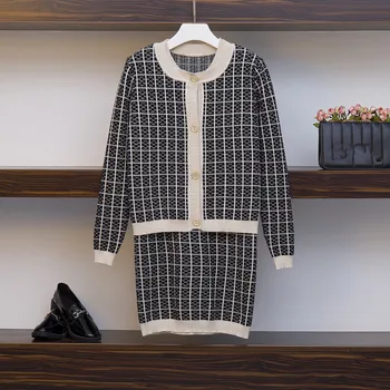 

HAMALIEL Women Sleeveless Plaid Vest Knitted Dress Fashion 2 Piece Set And Fall Winter Single Breasted Loose Cardigan Coat Suits