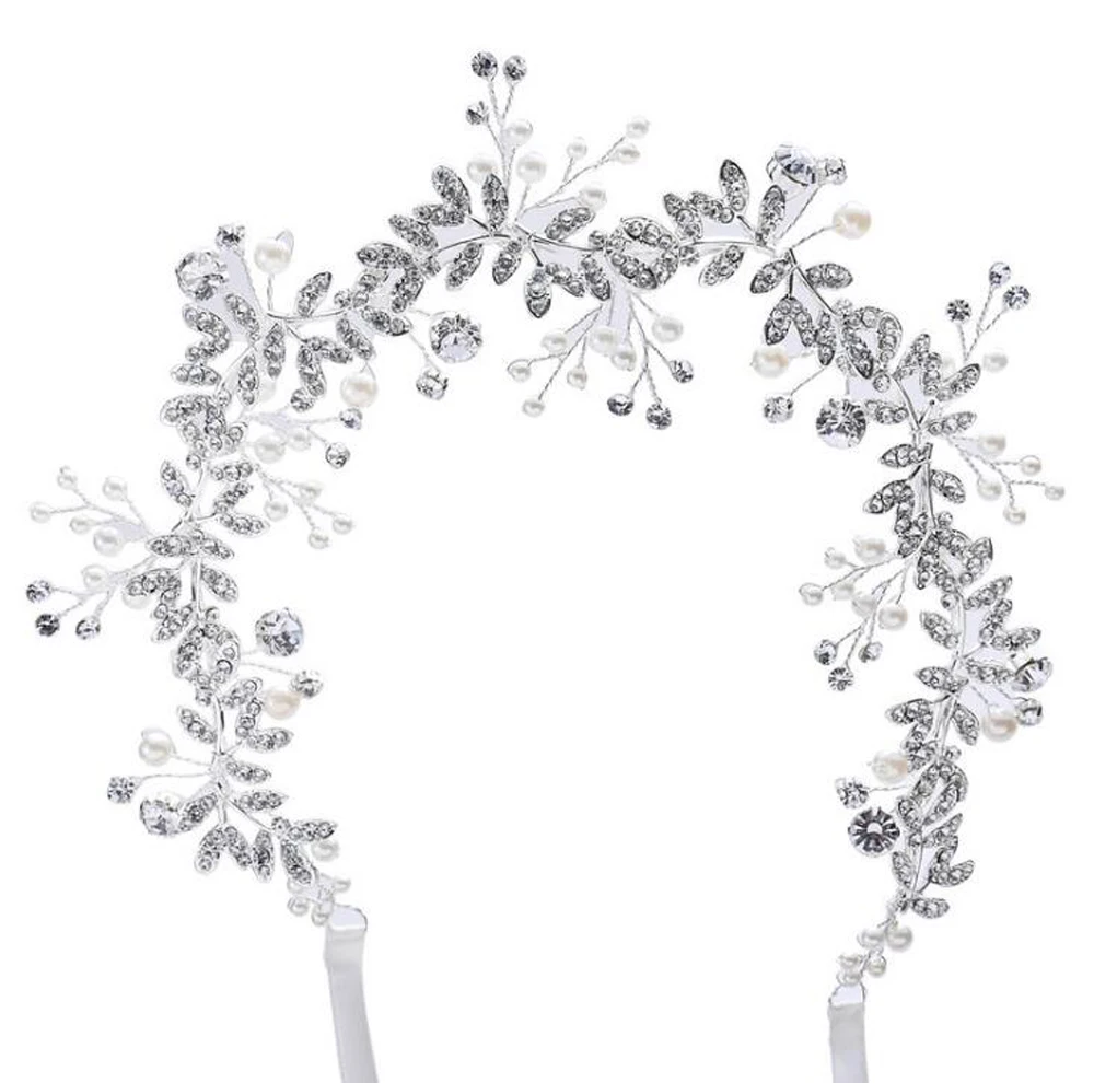Bridal Crystal Rhinestones Headband Wedding Vintage Silver Headband Hair Vine With Ribbons For Women