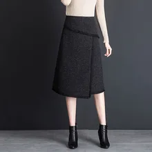 Новинка, осенне-зимняя шерстяная Асимметричная юбка, модная женская юбка, кружевная комбинированная длинная юбка с высокой талией, женские повседневные юбки