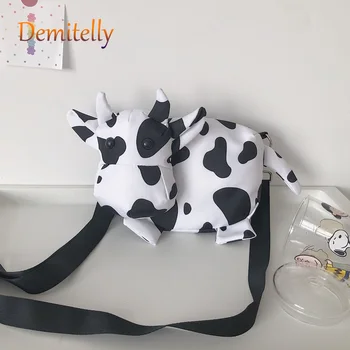 

Student Belt Zipper Cartoon Cow Shoulder Bag Girl College Style Oxford Messenger Bag Black and White Spot Ladies Wallet