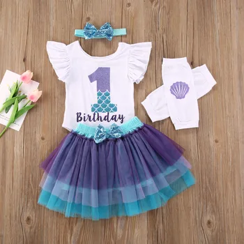 

0-18M Newborn Infant Baby Girls Birthday Clothes Sets Romper Tops+Lace Tutu Skirts+headband+Leg Warmers 4pcs