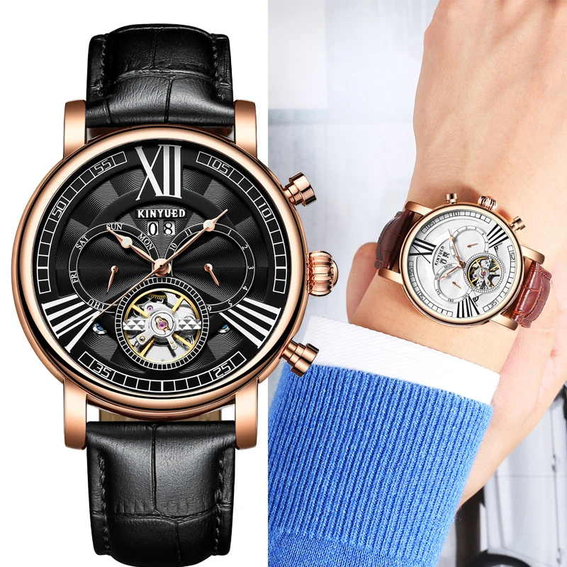 KINYUED Top Brand Luxury Mens Watches Tourbillon Skeleton Watch Men Automatic Mechanical Wrist Gents Military horloges Man | Наручные