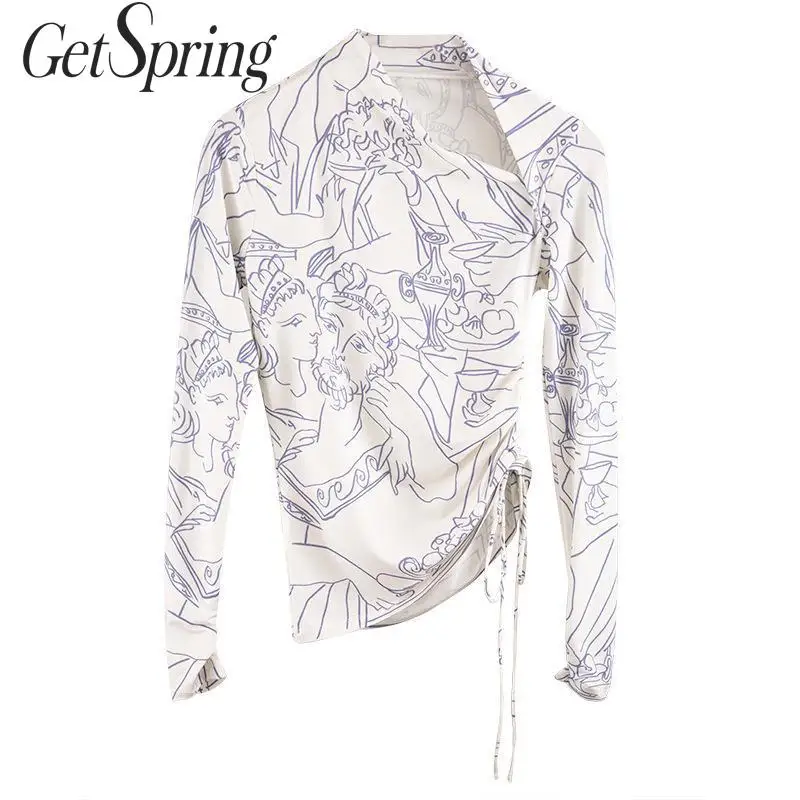 GetSpring женская футболка с принтом персонажа косой воротник длинным рукавом