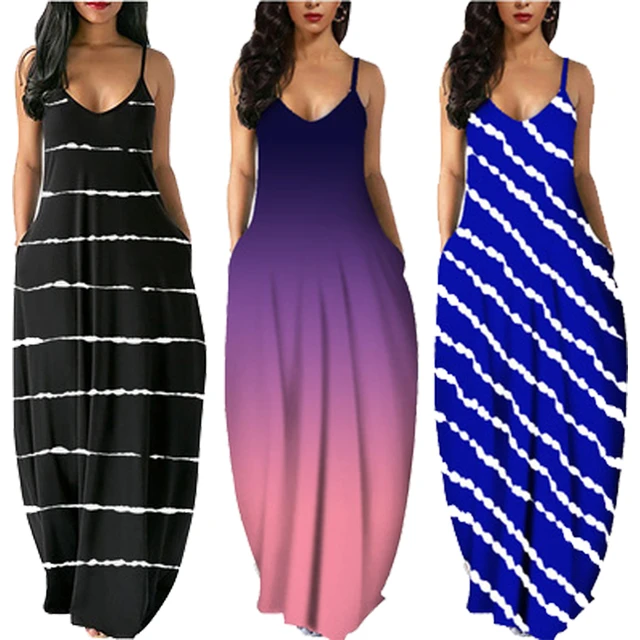 Women Summer Plus Size Maxi Dresses Sexy Solid Stripes Dress Casual Female Loose Sleeveless Tie Dye Beach Party Dress 2021 New 6