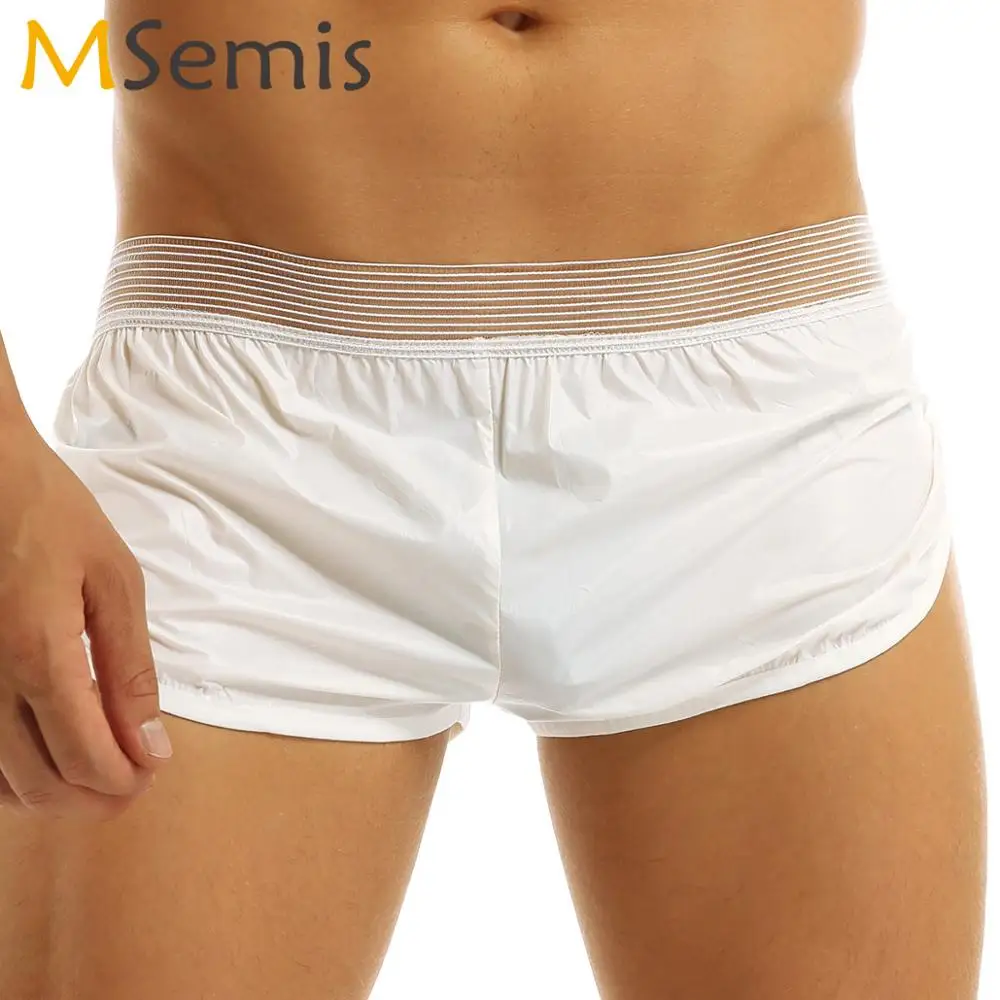 

Mens Summer Fashion Swim Shorts Sexy Low Waist Faux Leather Wetlook Boxer Briefs Hot Casual Trunks Homme Mini Lounge Silky Pants