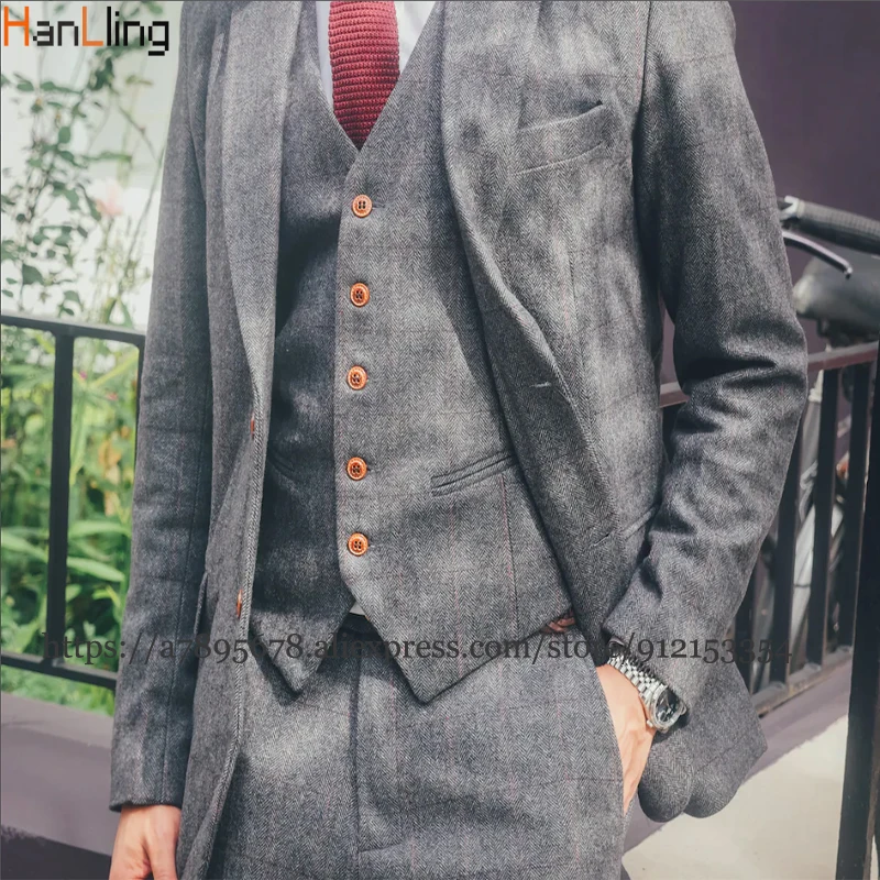 Мужской костюм из 3-х предметов твидовый деловой пиджак свадебный смокинг для