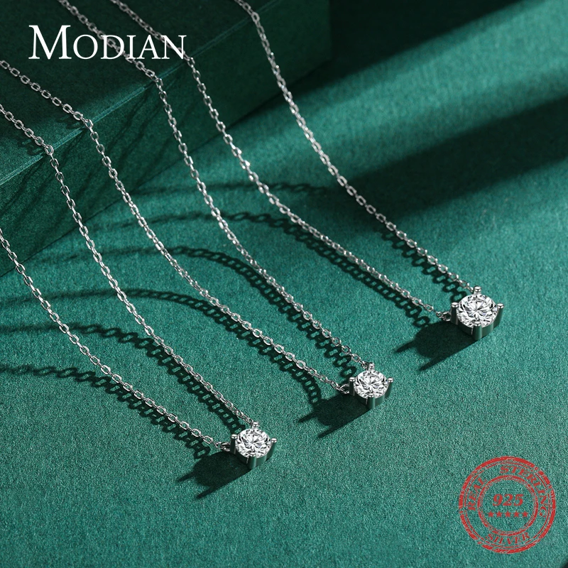 Modian Classic 925 Sterling Silver Round Simple Clear CZ Chain Necklaces Pendant For Women Wedding Engagement Statement Jewelry