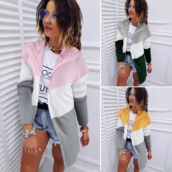 

Casual Ladies Slim Fit Knitted Hooded Open Front Long Sleeve Fashion Patchwork Outwear Women Cardigan Tops Daily Colorblock