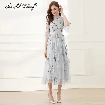 

Seasixiang Fashion Designer Summer Women's Mesh Dresses Embroidery Sequins Flowers Ruffles Flare Sleeve Dress