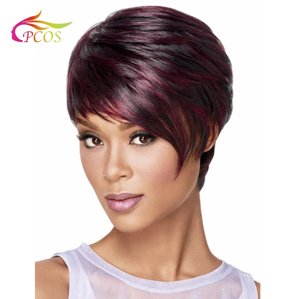 Peluca corta de color vino tinto y negro para mujer, con flequillo lateral, fibra de alta temperatura, recta