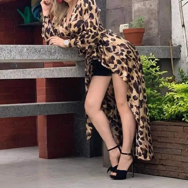 Мода женский леопардовый принт кардиган-кимоно длинные блузки свободного покроя ассиметричная Топы женские длинные блузы плюс размер рубашки