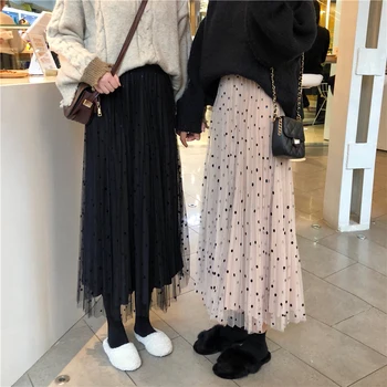 

Polka-dot mesh skirt autumn and winter gentle wind long skirt pleated skirt mid-length fairy skirt chic autumn