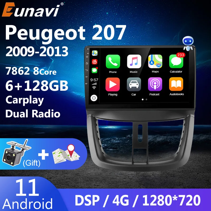 Автомагнитола Eunavi 2 din QLED 4G Android 11 для Peugeot 207 2009-2013 автомобильное радио android