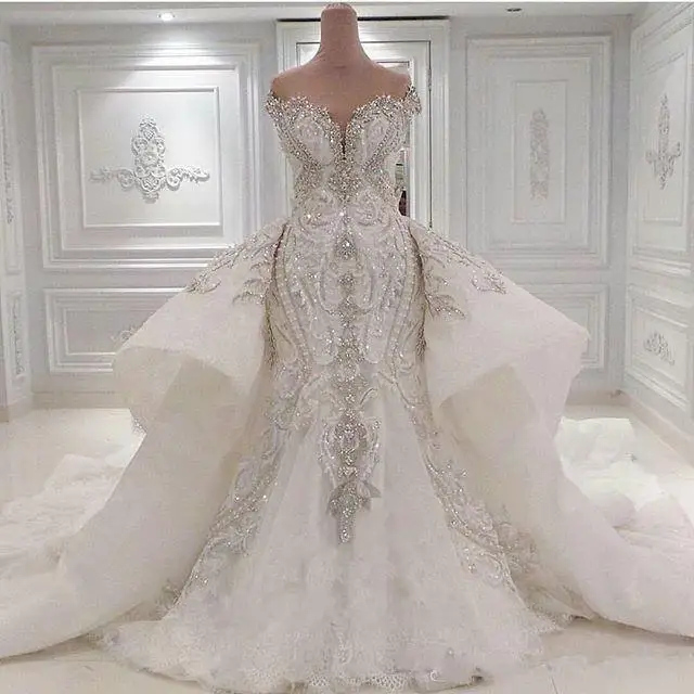 

Mermaid Crystals Luxury Wedding Dresses With Overskirts Lace Sparkle Rhinstones Bridal Gowns Dubai Vestidos De Novia