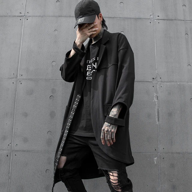 Gabardina larga con capucha para hombre, abrigo con cintas de retales,  punk, hip hop, con cremallera, color negro, para primavera y otoño -  AliExpress