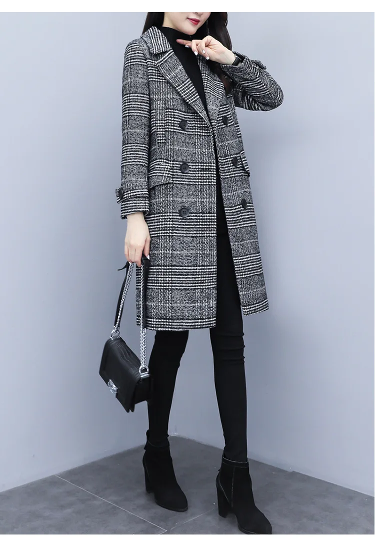2019 осень и зима новое корейское женское двубортное стеганое шерстяное пальто с отворотом и длинным рукавом с карманами