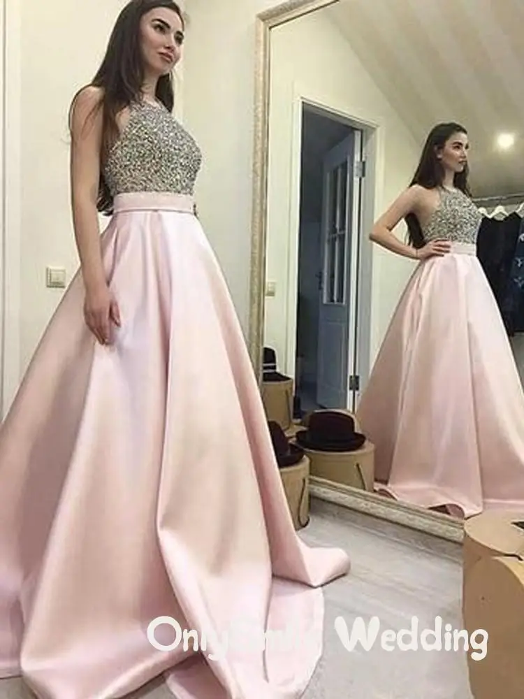 Розовые платья для выпускного вечера Vestidos Largos De Fiesta A-Line с кристаллами, атласное с открытой спиной Большие размеры Длинное Элегантное выпускное платье Robe De Soiree