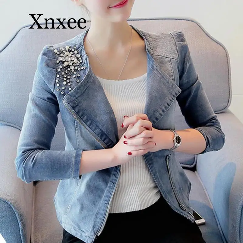 

Women Denim Jackets Short Casual Slim Pearl Bead Zipper Jeans Coat Female Elegant Autumn Denim Coat Short Blue Thin Vintage
