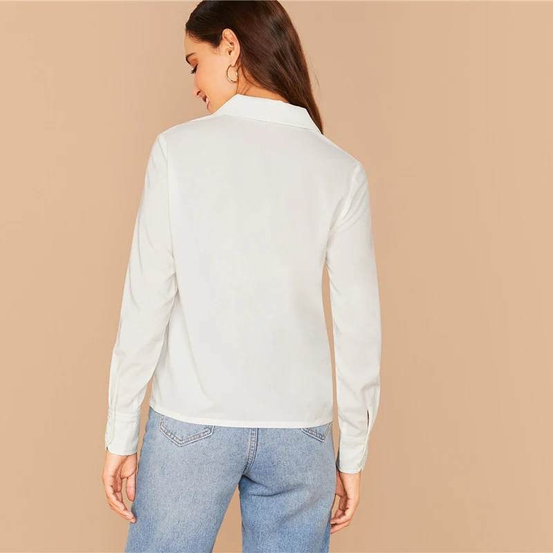 SHEIN Белый С Вырезанным воротником, наряд со Однотонная рубашка, блуза Для женщин Демисезонный платье на пуговицах с длинными рукавами однотонный Повседневный Топ и блузки