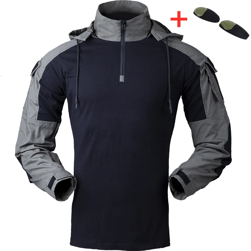 Gen3 Hooded Tactical Shirt Army Fans Outdoor Combat Training Uniforms Men Hiking CS Shooting Hunting Military Camouflage Shirts - Color: Green With Pads