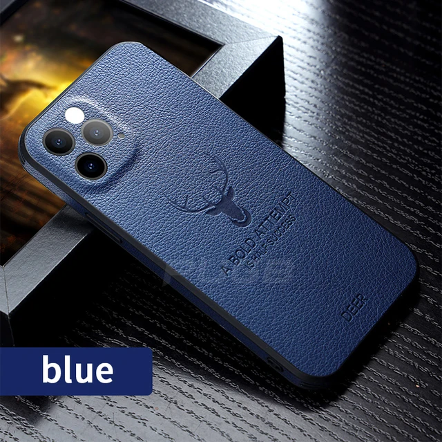Luxury Leather Texture Square Frame Case For iPhone 11 12 13 Pro Max Mini X XR XS Deer Camera Protection Shockproof Phone Cover Blue