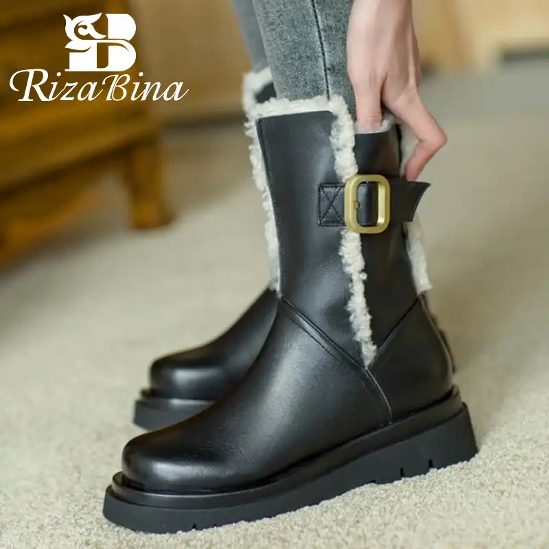 RIZABINA las mujeres de piel botas de media caña de cuero Real invierno  botas para la nieve caliente las mujeres zapatos de moda Zapatos de calzado  diario tamaño 34 41|Botas de nieve| -