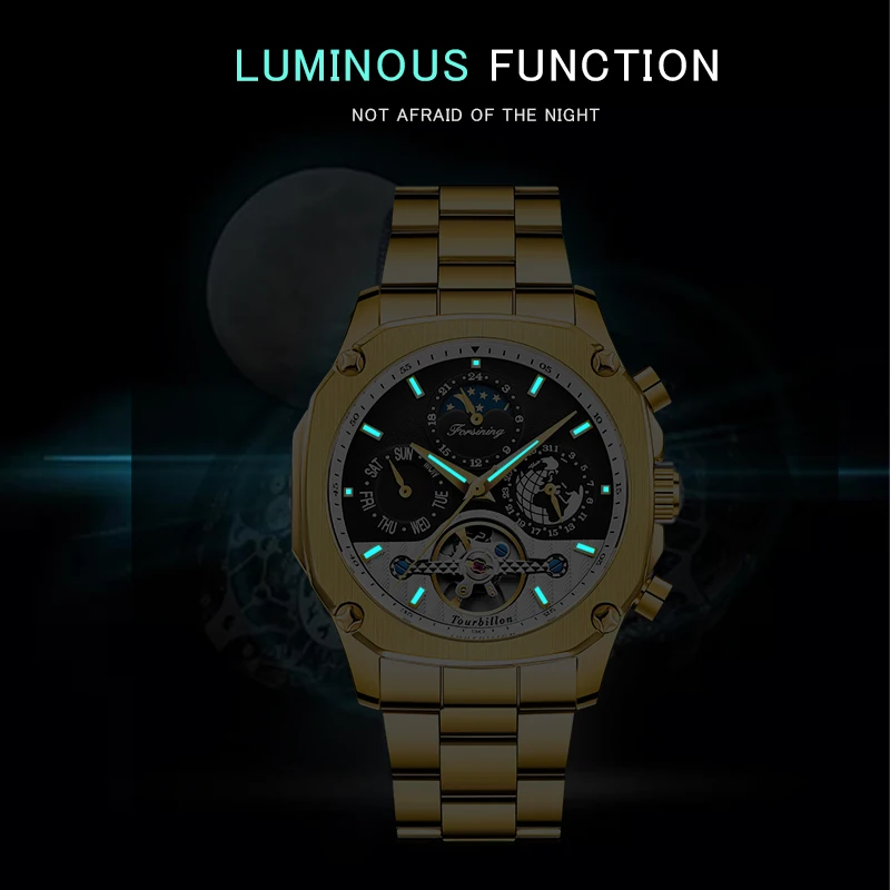FORSINING золотые деловые часы Мужские автоматические светящиеся часы Tourbillon Moonphase механические часы Лидирующий бренд Relogio Masculino