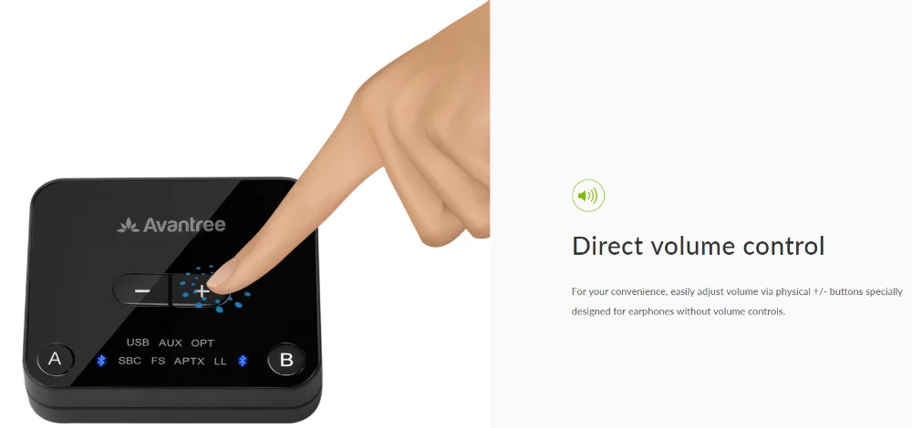 Avantree Bluetooth 5,0 передатчик для ТВ ПК с регулятором громкости, aptX с низкой задержкой беспроводной аудио адаптер для 2 наушников