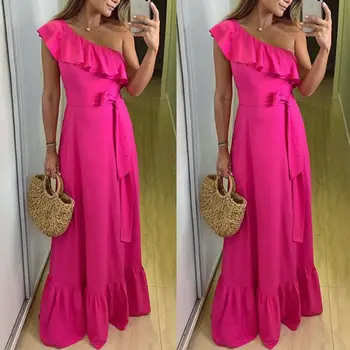 

Sexy Women One Shoulder Ruffle Lace-up Evening Party Cocktail Long Dress Elegant