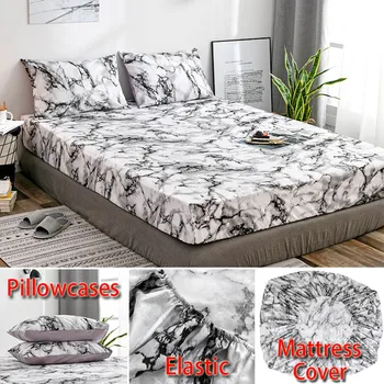 

Marble Pattern Dust Ruffle Mattress Cover & 2 Pieces Pillowcase Set Elastic Belt Mattress Protector Twin Full Queen King