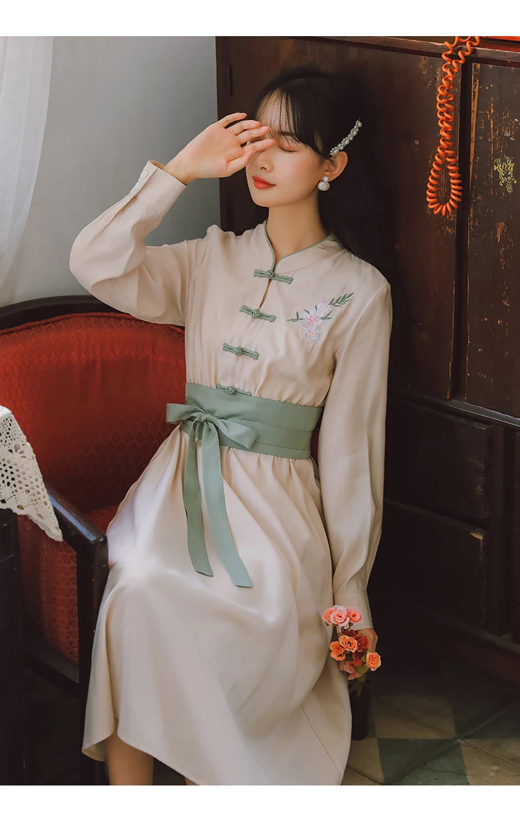 Hanfu/винтажное платье в китайском стиле; сезон весна-осень; женские длинные платья с длинными рукавами и цветочной вышивкой из хлопка абрикосового цвета