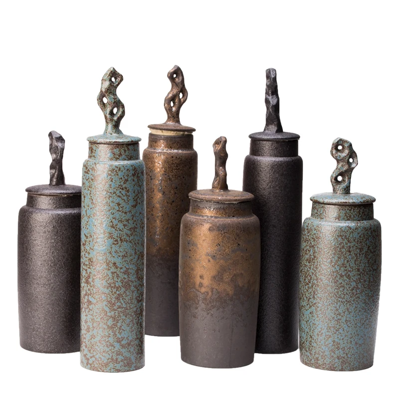 Chinese Stoneware Sealed Tea Caddy Storage Jar Long Tube Hollow Coral Cover Cylindrical Kitchen Canisters Set Tea Organizer