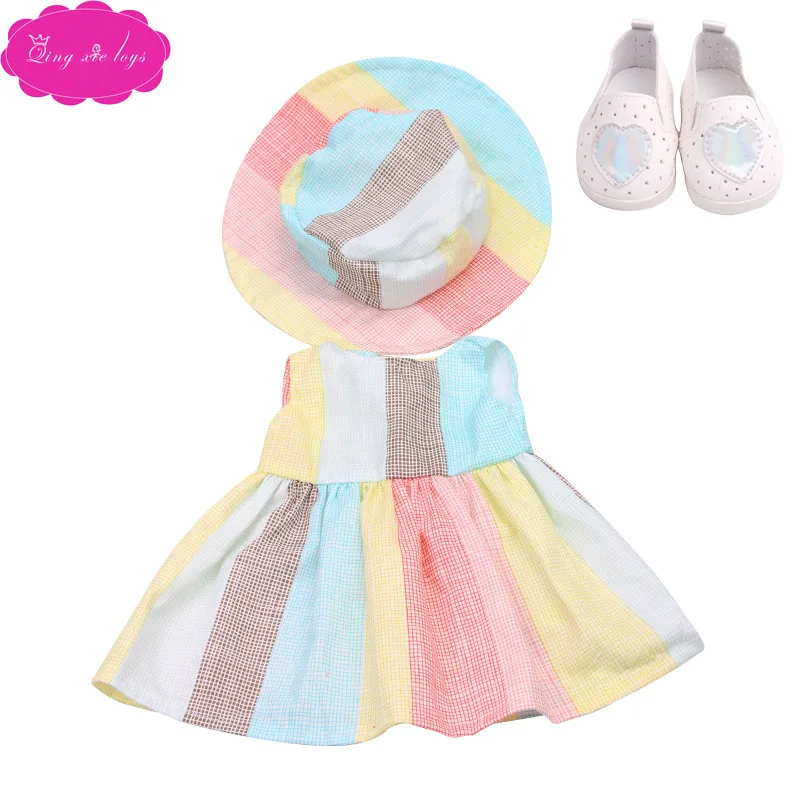 18 дюймов, с круглым вырезом, для девочек летнее платье с принтом для девочек+ шляпа с обувью Американский юбка для новорожденных Игрушки подходит 43 см для ухода за ребенком для мам, детские куклы, c216