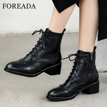 

FOREADA Real Leather Ankle Boots Woman Lace Up Block Heel Boots Zip High Heel Short Boots Cutouts Ladies Shoes Winter White 41
