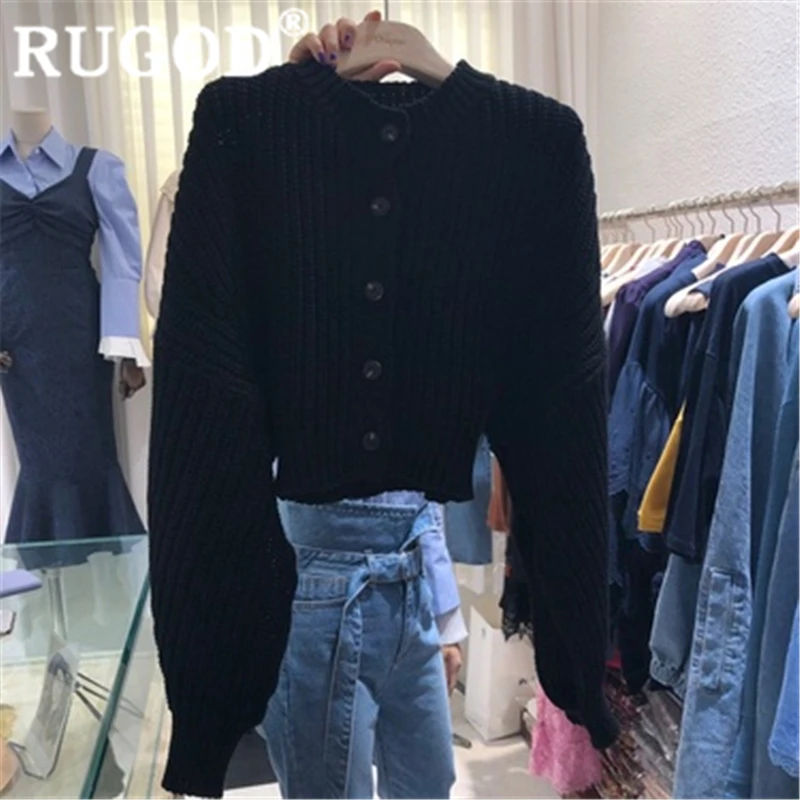 RUGOD Новое поступление осенний специальный свитер кардиганы с круглым вырезом с пышными рукавами свободные с высокой талией вязаное пальто Женская мода femme modis - Цвет: Черный